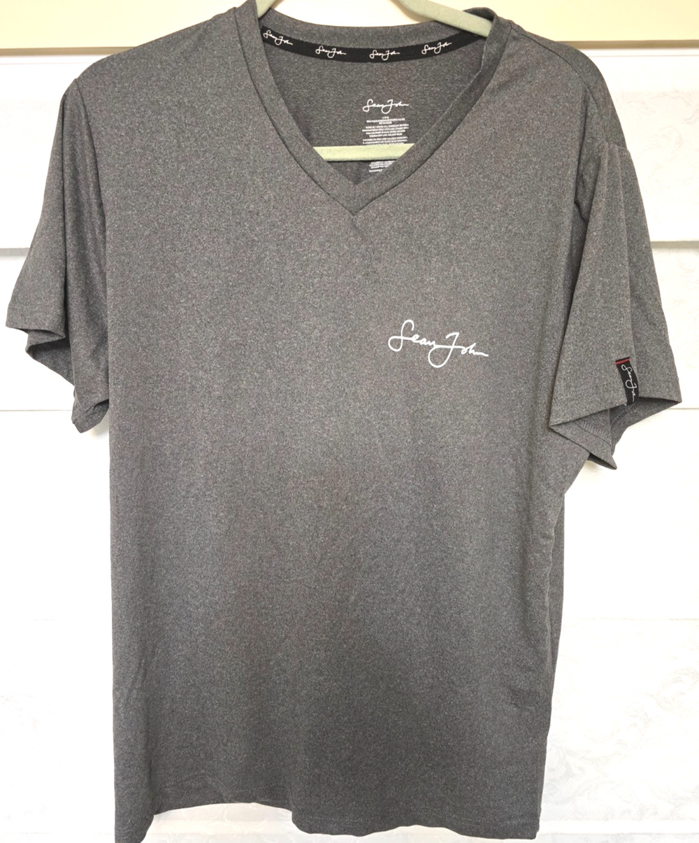 Sean John Mens Large Gray Performance V Neck Stretch Athletic T Shirt Logo